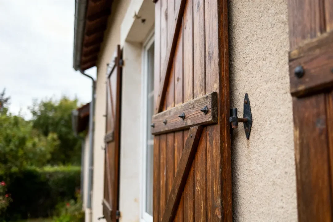 Volets en bois marron sur mur de bâtiment crépi, jardin flou en arrière-plan. Temps nuageux.