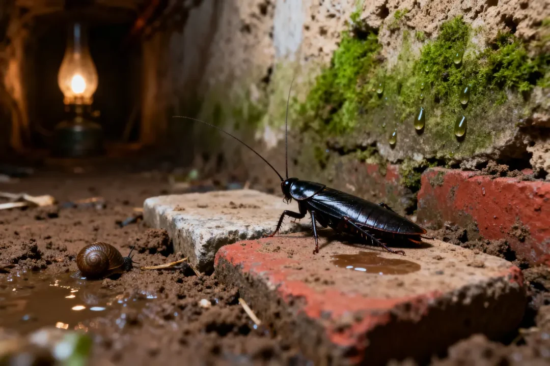 Cafard sur brique humide avec mousse, escargot proche, lampe à pétrole allumée en arrière-plan sombre.