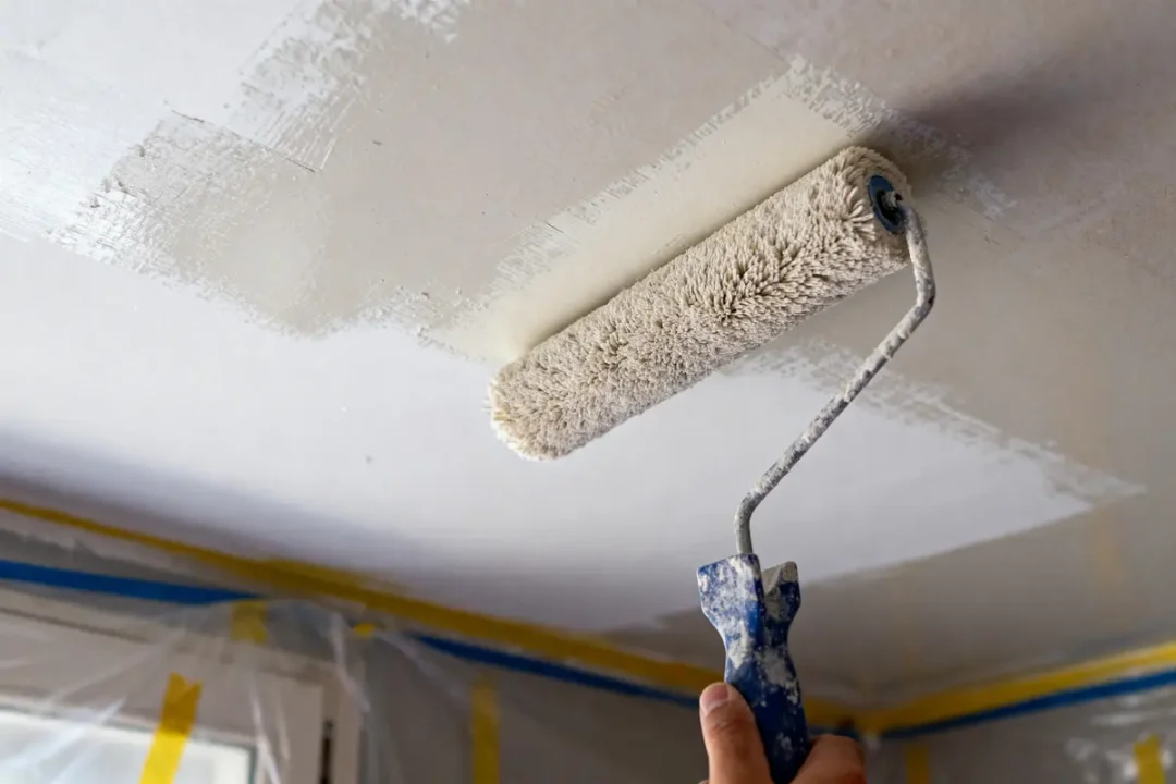 Personne peignant un plafond blanc avec un rouleau, murs protégés par bâche et ruban adhésif.