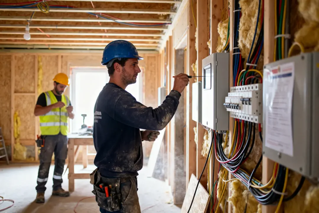 Deux ouvriers en chantier, installant un tableau électrique, portant casques de sécurité, câblage apparent, construction en cours.