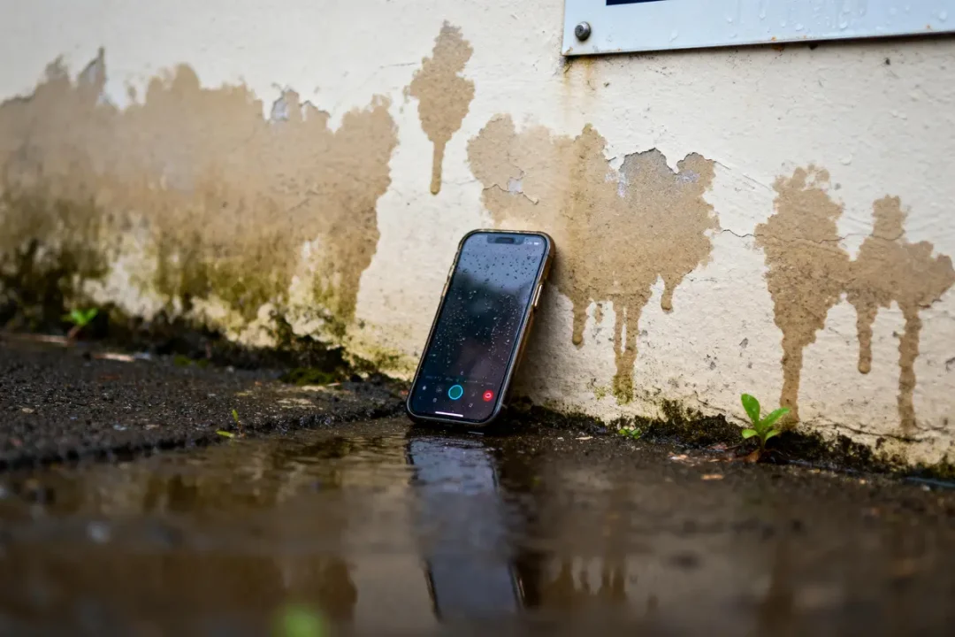 Smartphone appuyé contre un mur humide, entouré de flaques d'eau sur le sol extérieur.
