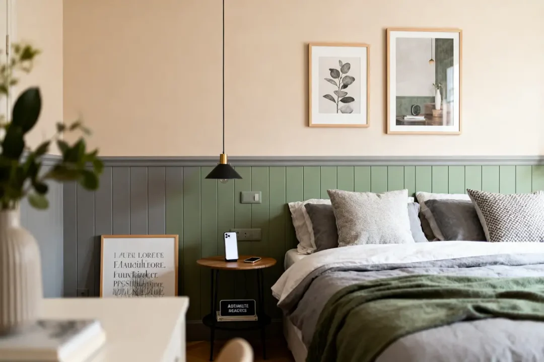 Chambre moderne avec lit, oreillers, table de chevet, illustrations encadrées, suspension noire, et couverture verte.