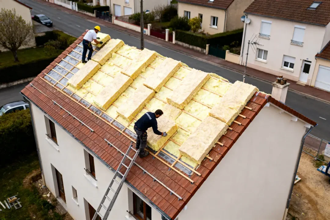 Deux ouvriers installent de l'isolation sur un toit en pente d'une maison résidentielle, utilisation d'échelles.