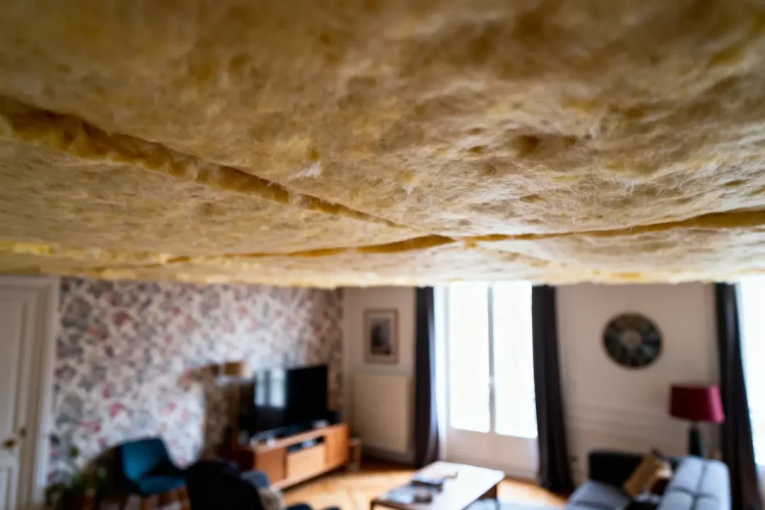 Plafond recouvert de matériau isolant dans un salon moderne avec télévision et canapé.