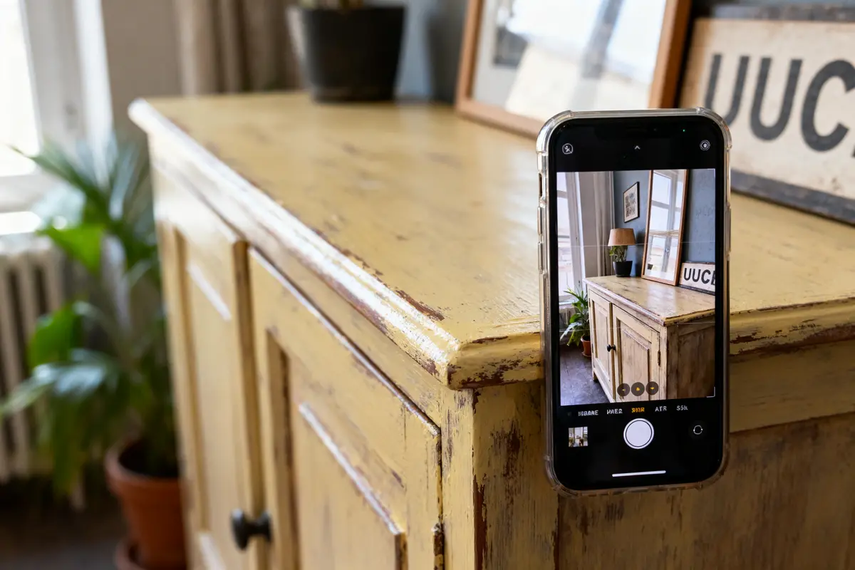 Smartphone prenant photo d'un buffet en bois vieilli, plante en arrière-plan, décor intérieur lumineux.