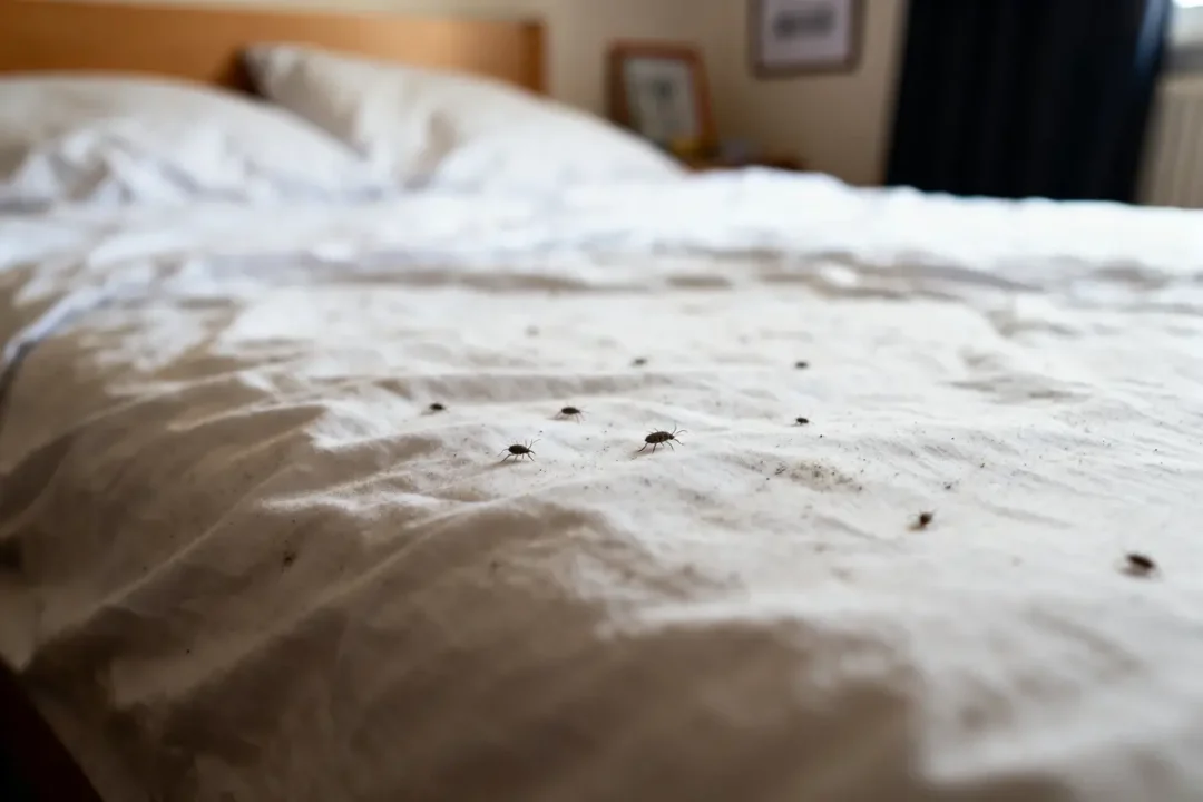 Draps blancs avec nombreux petits insectes noirs dispersés, chambre en arrière-plan flou.