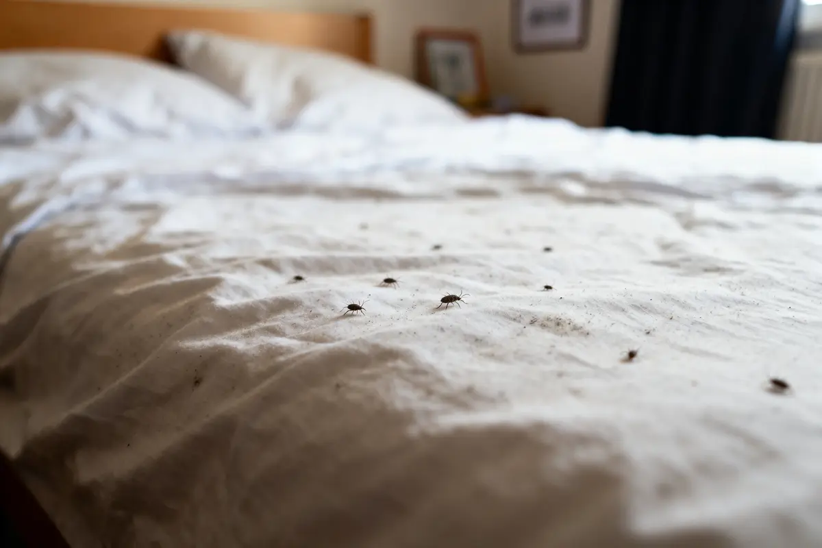Draps blancs avec nombreux petits insectes noirs dispersés, chambre en arrière-plan flou.