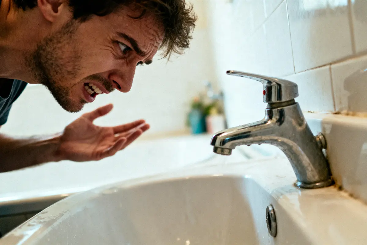 Homme frustré devant un robinet de lavabo, probablement à cause de l'absence d'eau courante.