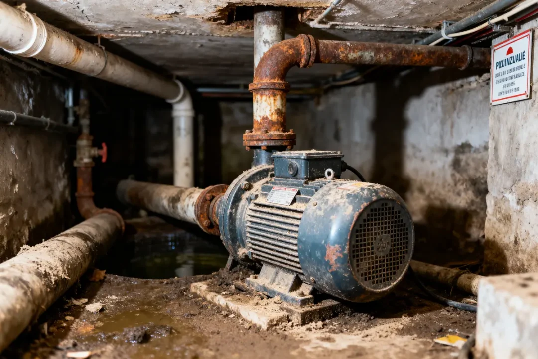 Vieille pompe rouillée dans un sous-sol humide avec tuyaux et murs en béton. Note d'avertissement visible.
