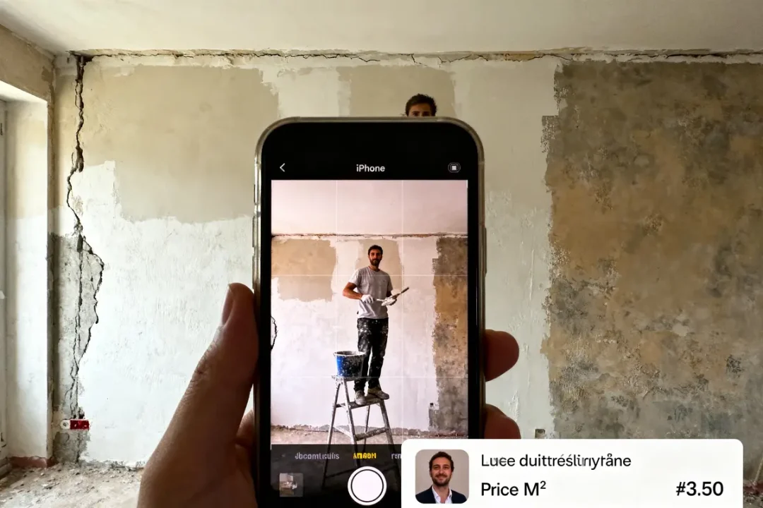 Un smartphone montre un homme avec truelle sur un escabeau, réparant un mur abîmé.