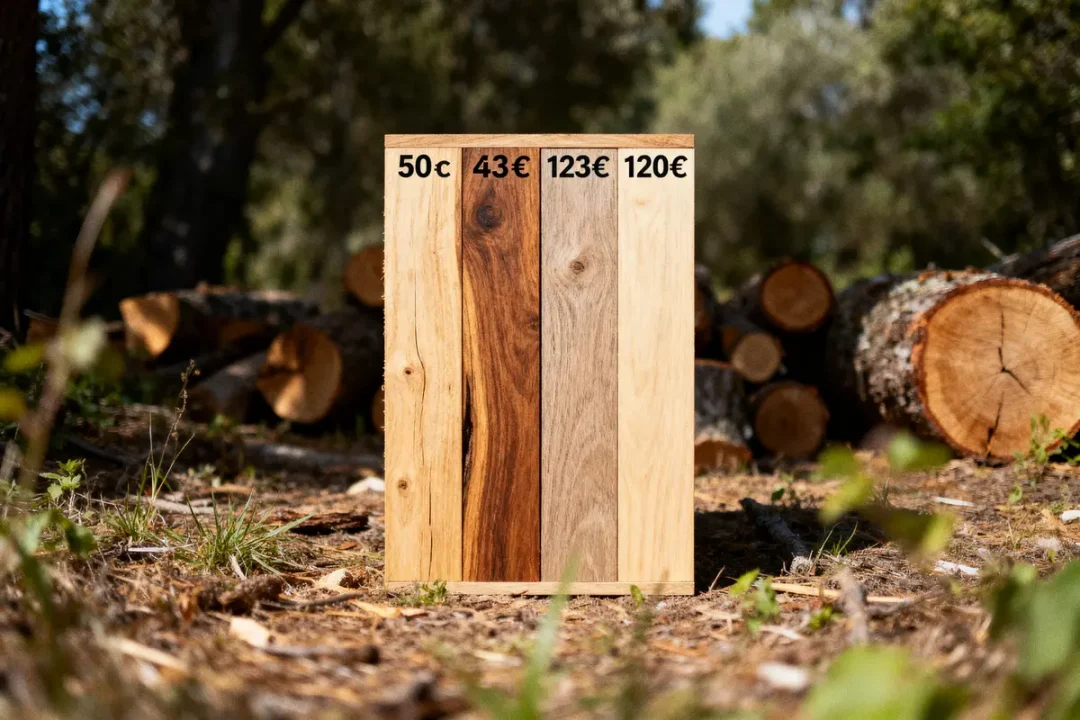 Quatre planches en bois avec prix, forêt en arrière-plan, troncs d’arbres empilés au sol.
