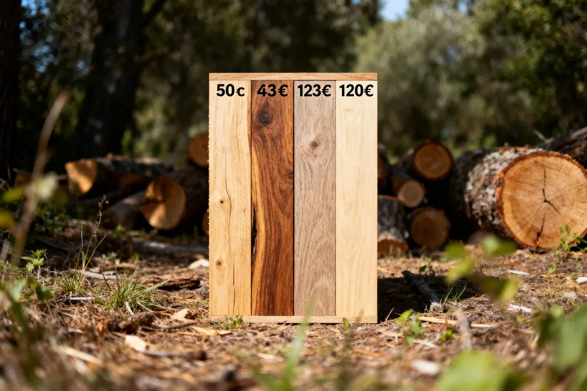 Quatre planches en bois avec prix, forêt en arrière-plan, troncs d’arbres empilés au sol.