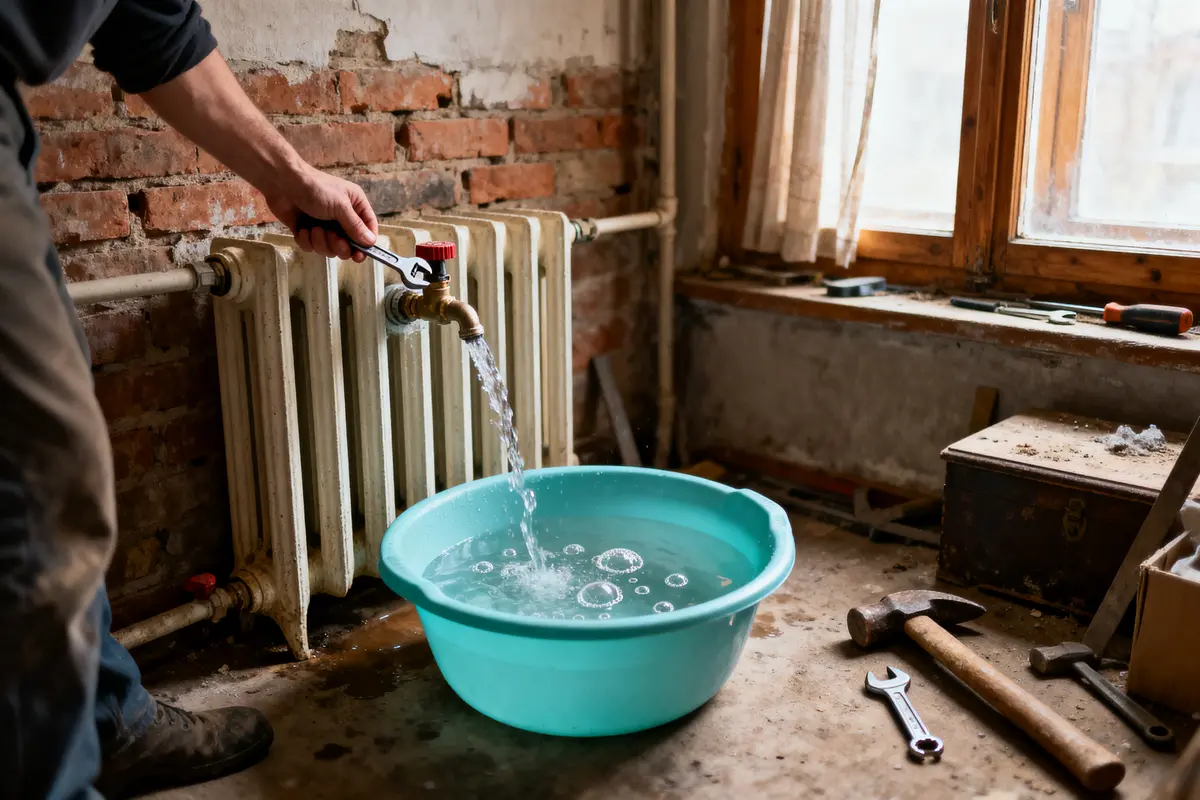 Personne remplit une bassine verte d'eau provenant d'un radiateur, outils éparpillés autour.