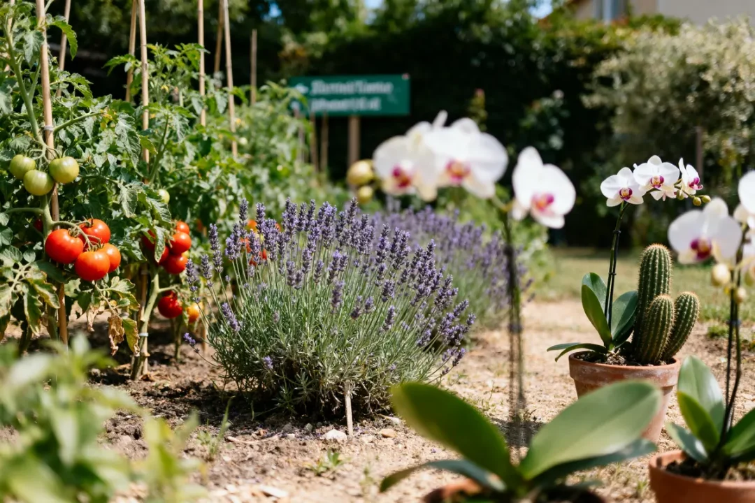 Jardin avec tomates, lavande, orchidées blanches et cactus en pot sous un ciel ensoleillé.