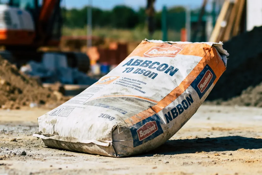 Sac de ciment "Bolarit Abbon" sur chantier, sol terreux, matériel de construction en arrière-plan flou.