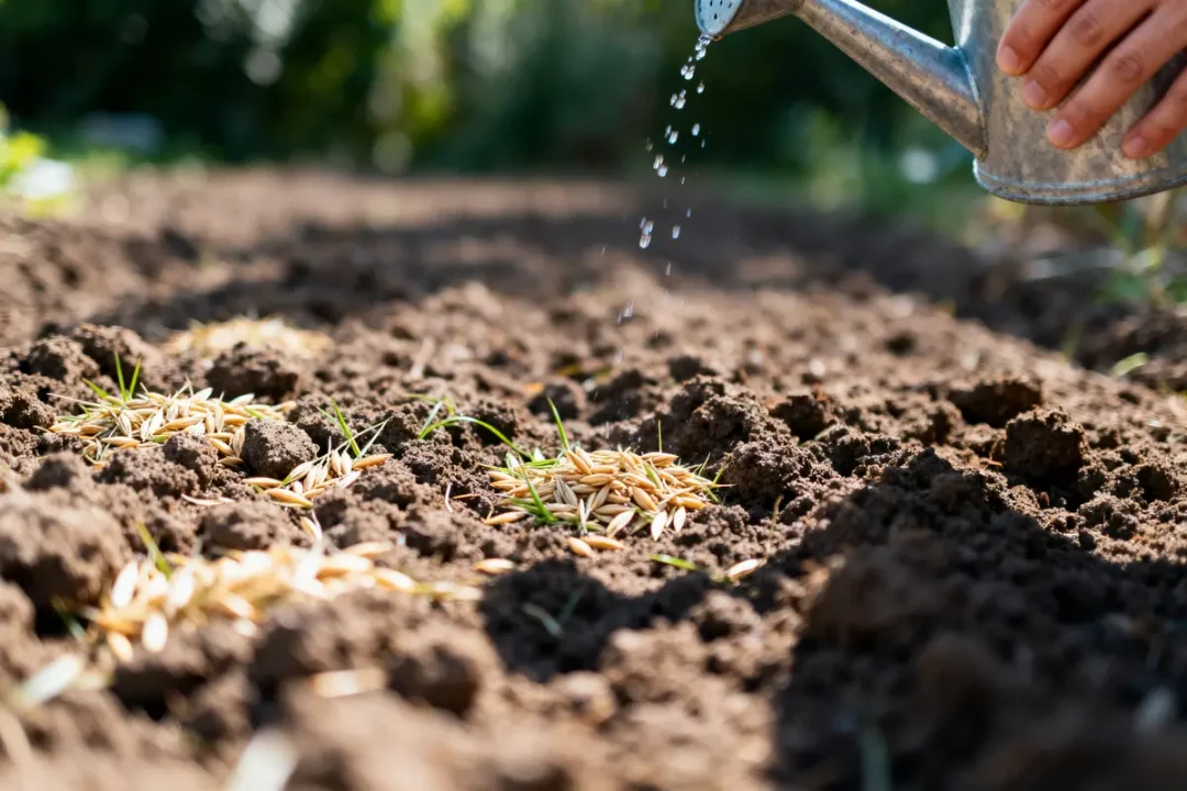 Terre humide avec graines germant sous arrosoir. Les mains arrosent un jardin ensoleillé.