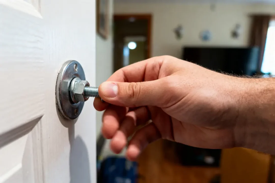 Main ajustant boulon métallique sur porte intérieure blanche avec écrou visible, en arrière-plan flou intérieur maison.