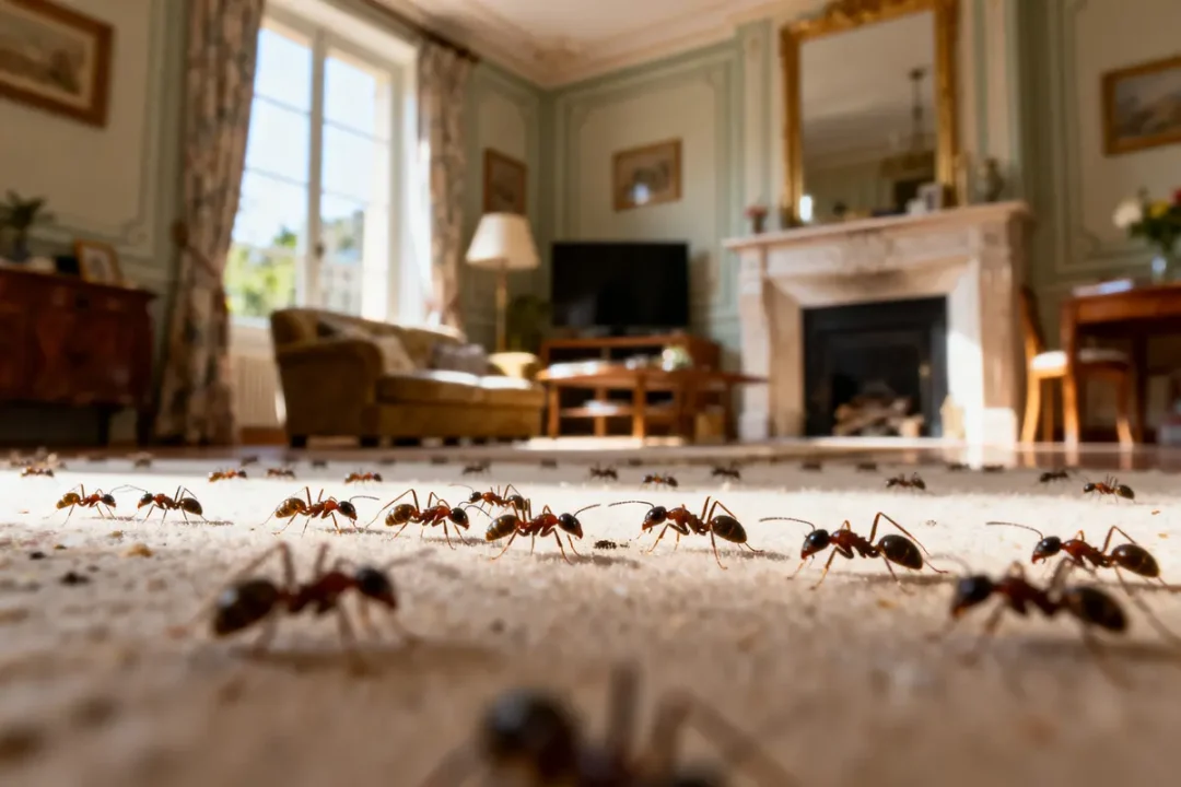 Fourmis envahissent un salon lumineux avec canapé, table, cheminée et télévision en arrière-plan.