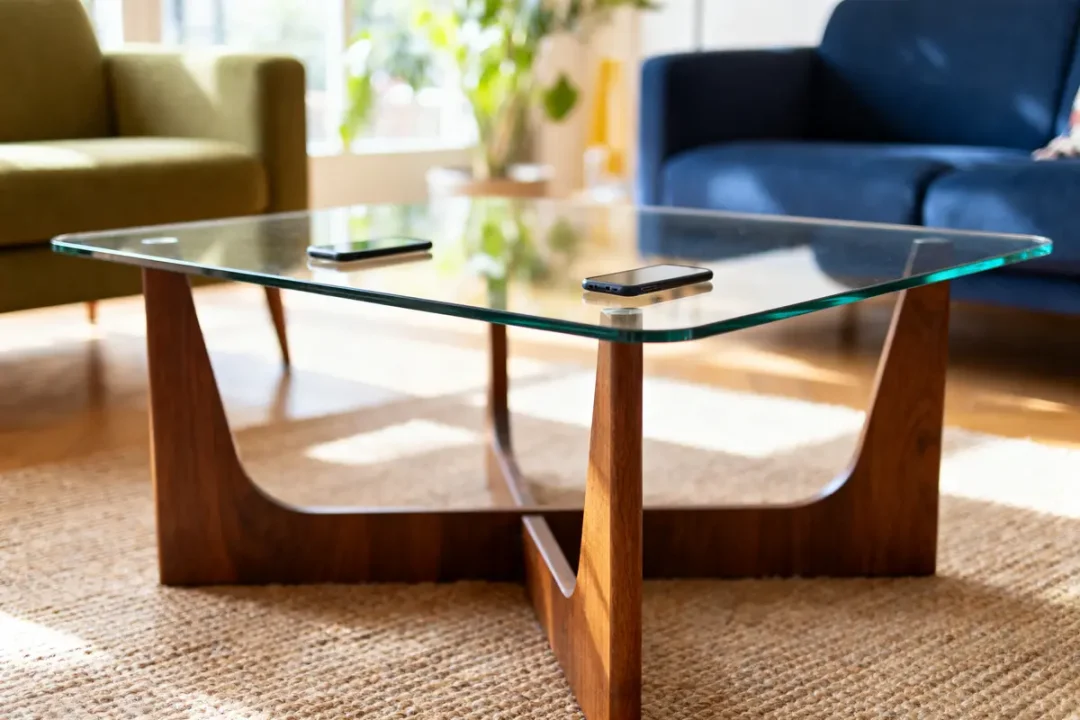 Table basse en verre avec pieds en bois, deux téléphones, canapé vert et bleu, tapis en jute.