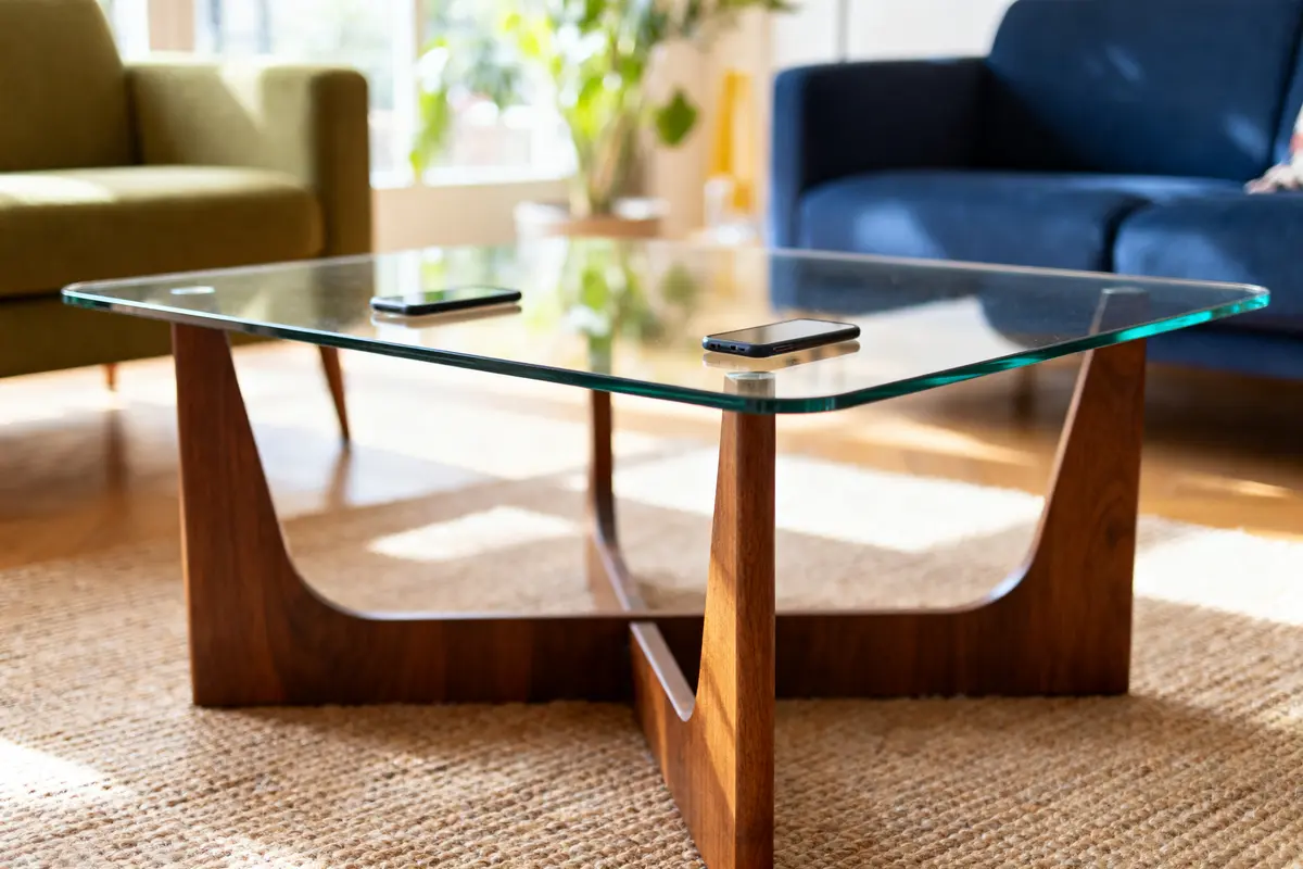 Table basse en verre avec pieds en bois, deux téléphones, canapé vert et bleu, tapis en jute.