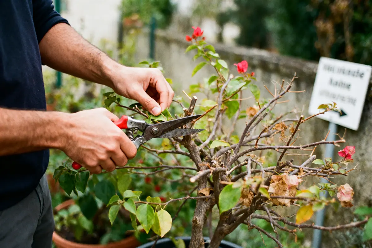 Homme taillant un arbuste avec des cisailles de jardin, présence de feuilles et fleurs colorées rouges et vertes.