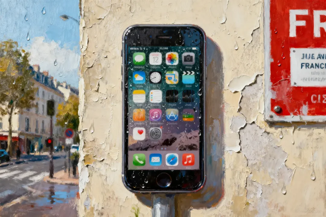Peinture d'un iPhone sur un mur, décor urbain annoncé, gouttes de pluie visibles.