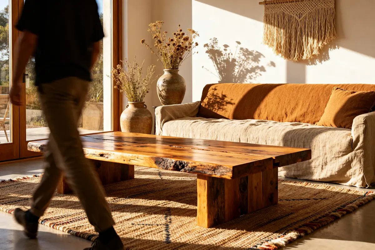 Salon lumineux avec canapé beige, table en bois et tapis rustique sur Beau Beau Blog