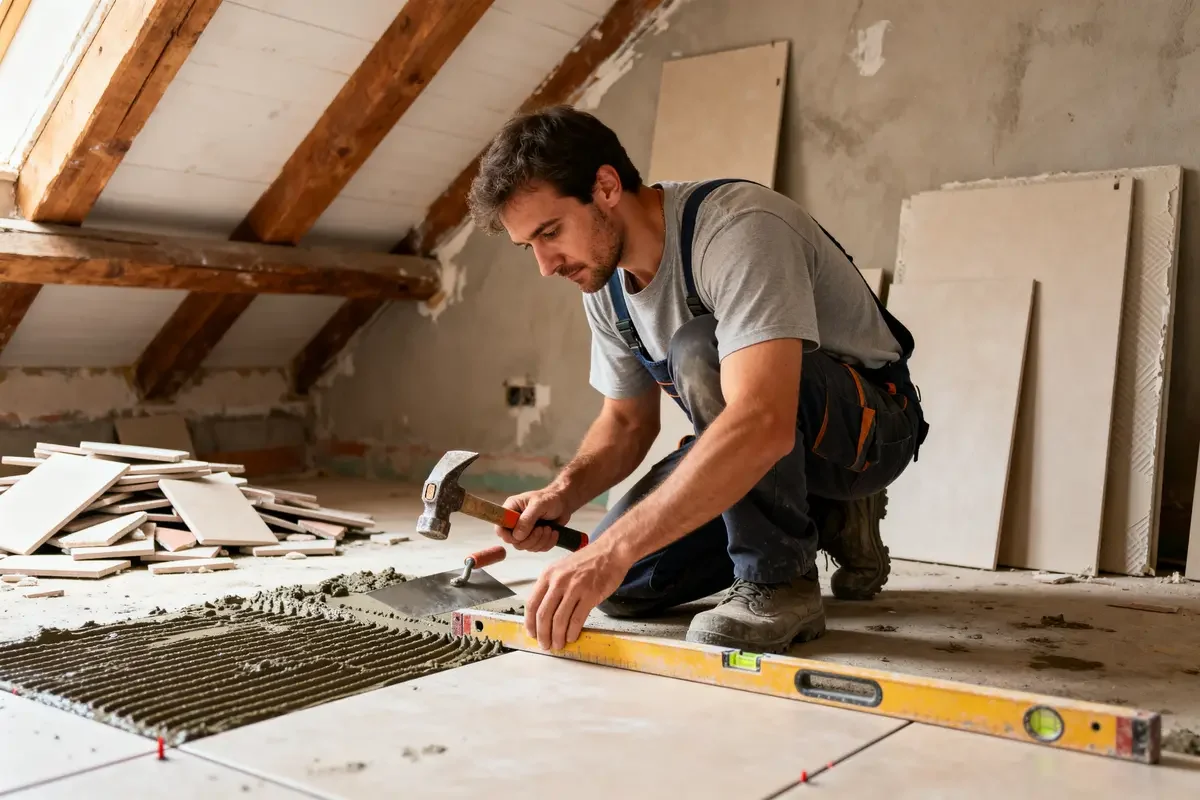 Un carreleur pose méticuleusement des carreaux pour Dalais-Carreleur réussir sa rénovation intérieure sol.