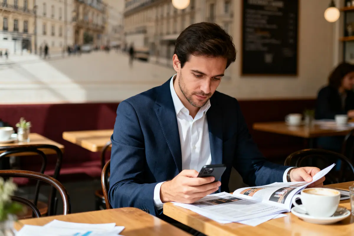 Homme lisant Lebusinessmag tout en consultant son téléphone dans un café parisien élégant