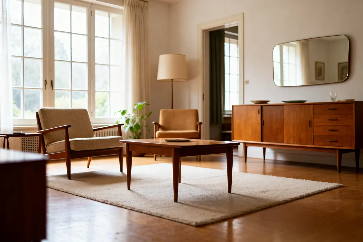 Salon vintage avec meubles en bois et fauteuils Maison Ethier éclairés par la lumière naturelle