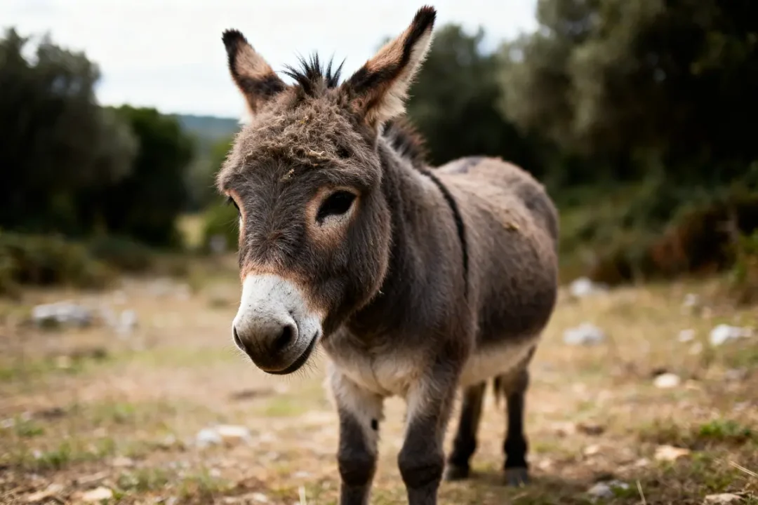 Un âne nain gris broutant dans un champ ensoleillé avec des arbres en arrière-plan