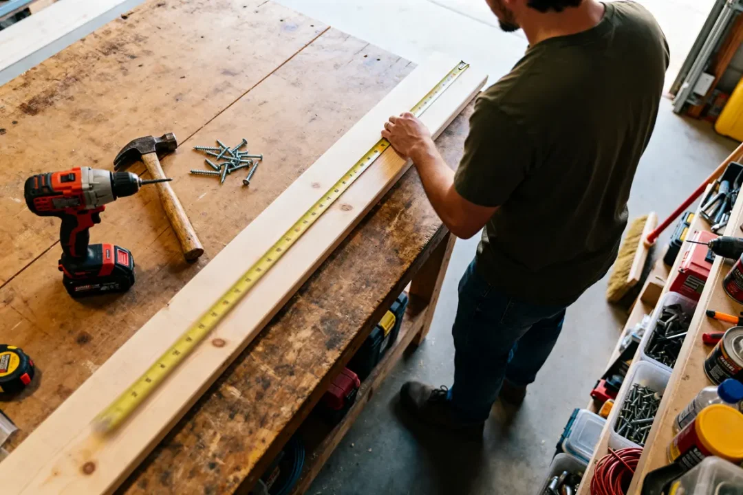 Personne mesurant bois avec ruban à mesurer sur établi blog savoir bricoler atelier outils