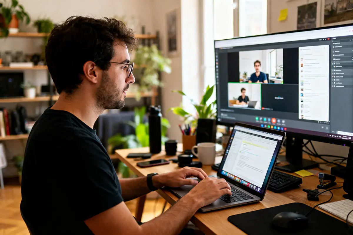 Homme travaillant sur ordinateur portable avec visioconférence pour le blog wks dans son bureau
