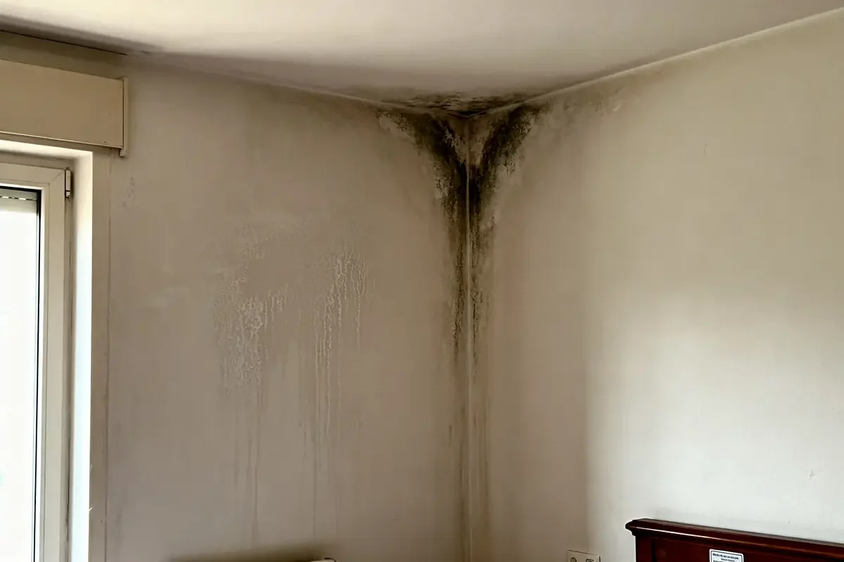 Moisissure noire sur mur blanc causée par une humidité dans les chambres