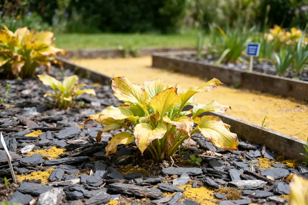 Plante inachevée sur paillage ardoise jardin, illustrant l'inconvénient du paillage en ardoise.