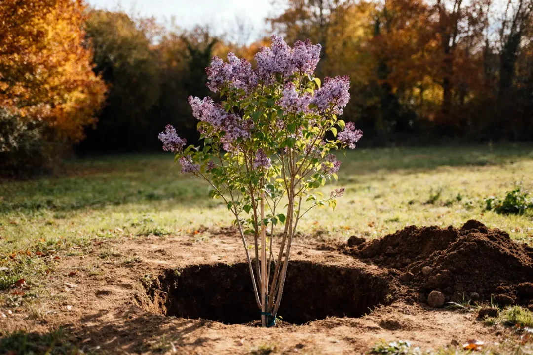 Plantation de lilas du Japon en pleine terre dans un jardin automnal ensoleillé