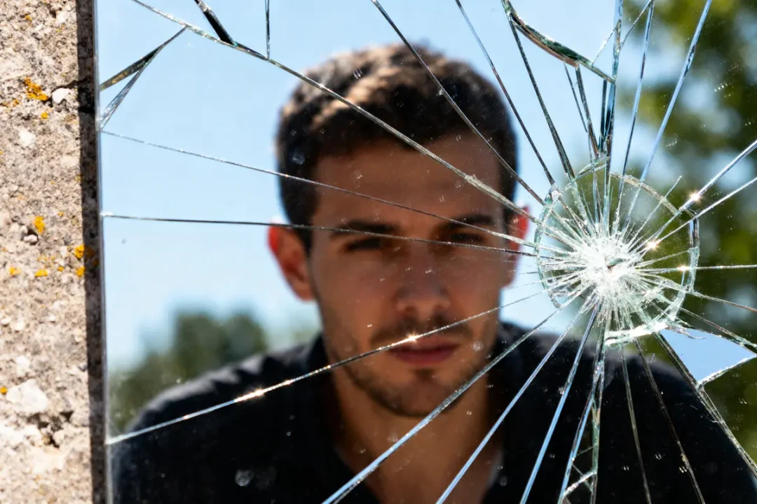 Homme observant son reflet à travers un miroir cassé en extérieur par temps ensoleillé