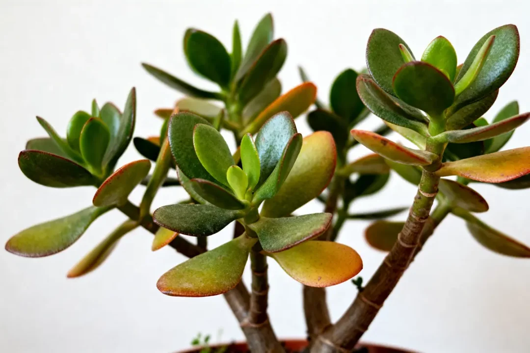 Gros plan de feuilles vertes d'un money tree Crassula luxuriant en pot intérieur