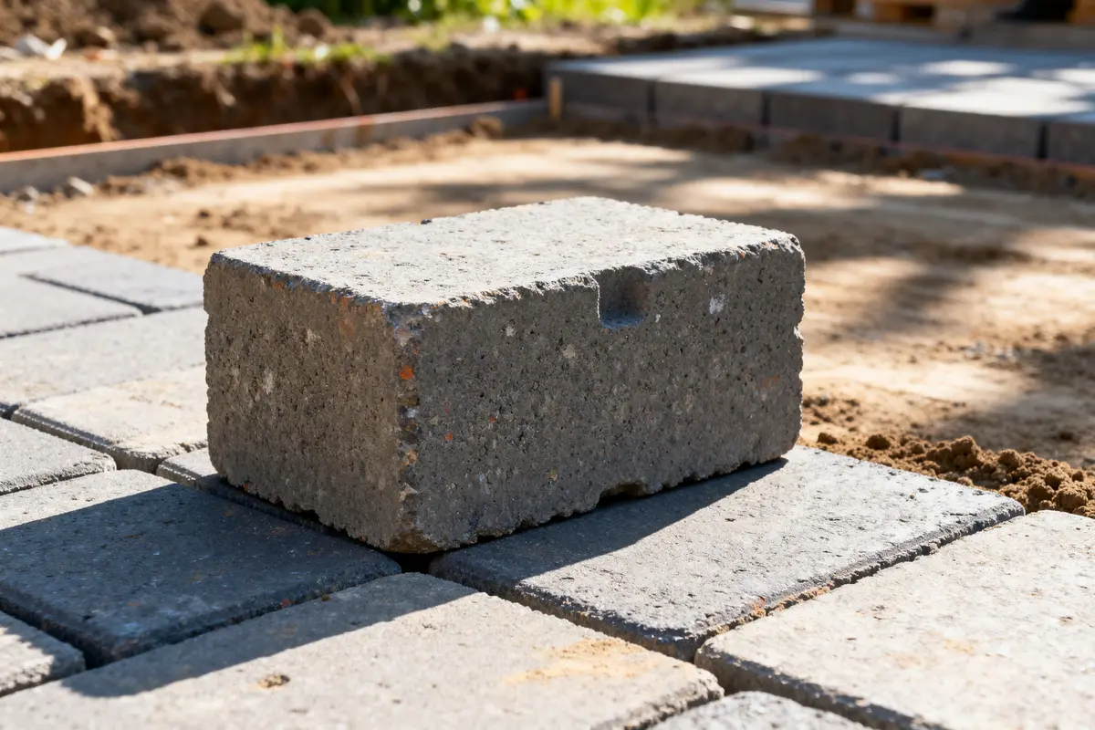 Pavé autobloquant gris sur installation en cours dans un jardin ensoleillé