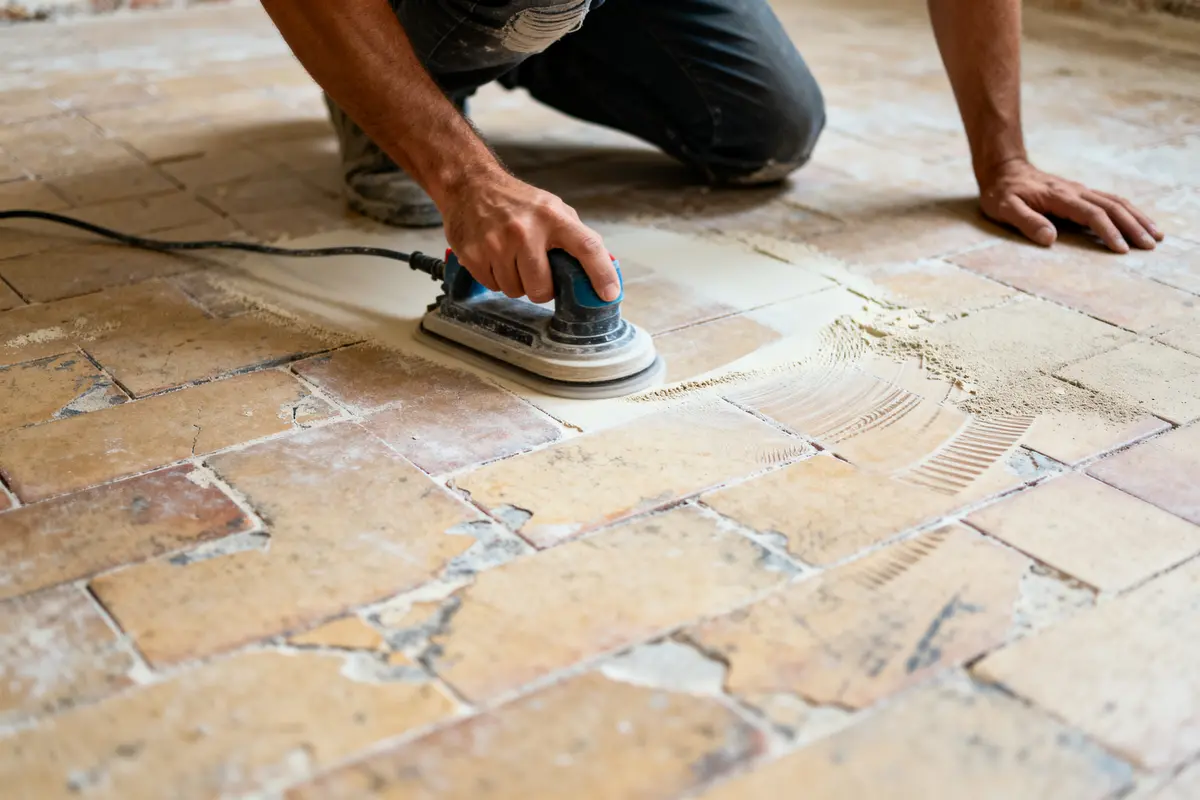 Homme utilisant une ponceuse électrique pour poncer le carrelage d'un sol intérieur