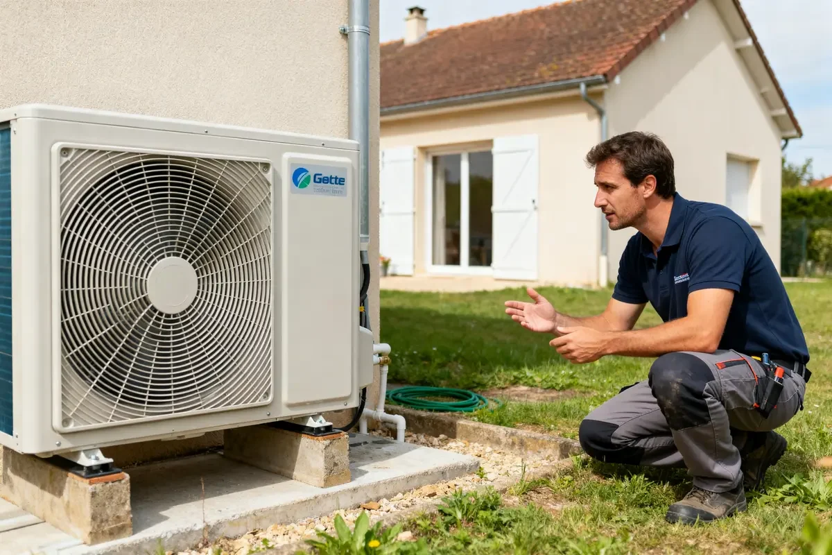 Technicien examinant installation extérieur pour prix pompe à chaleur maison 150m2