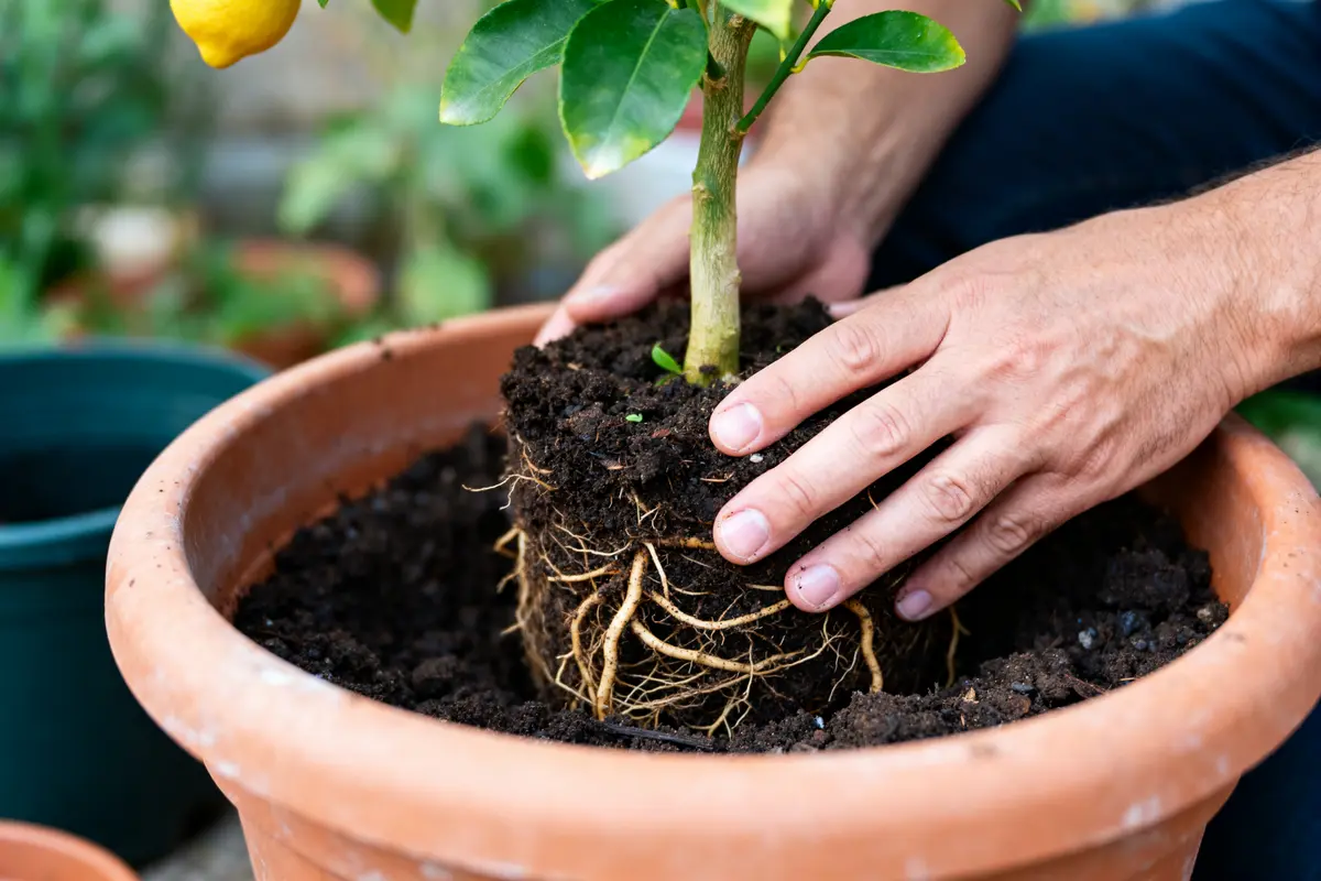 Main tenant rempotage d'un citronnier avec racines exposées dans un pot en terre cuite