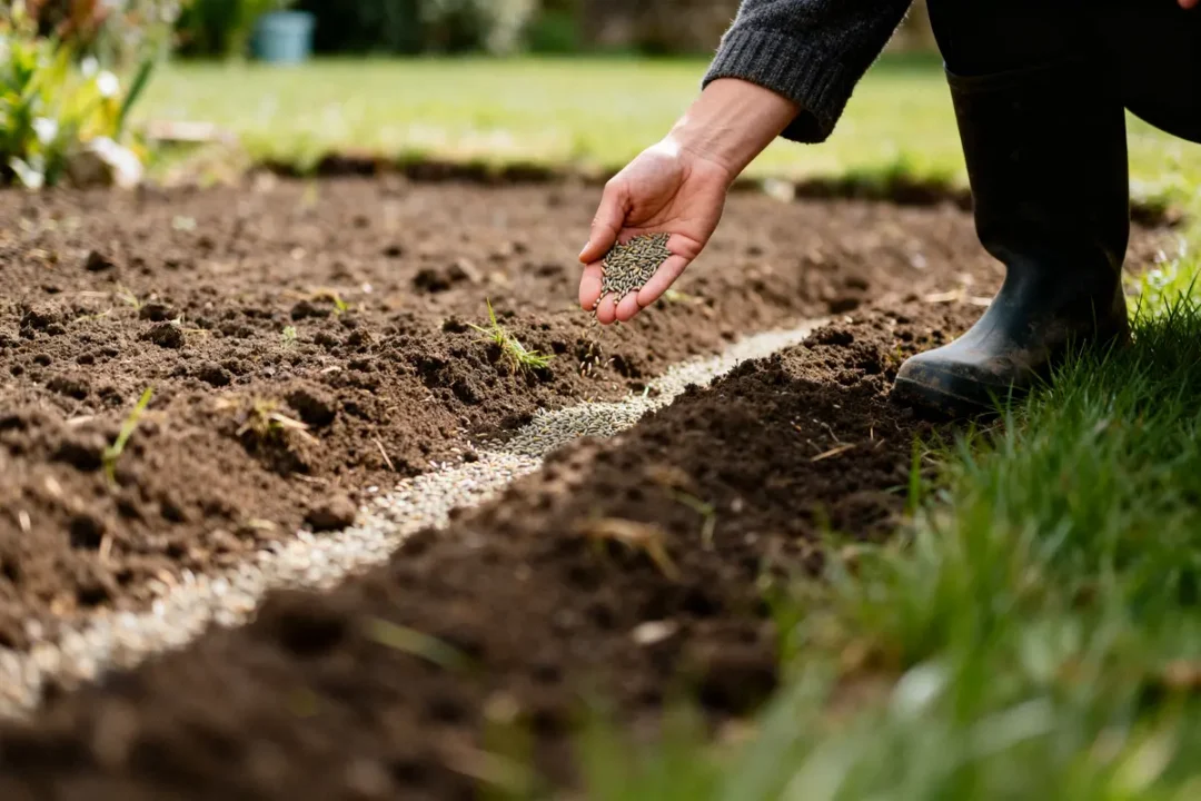 Personne semant une pelouse sans retourner la terre dans un jardin préparé.