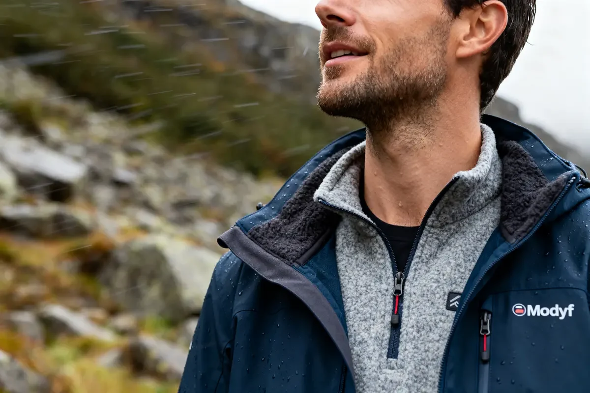 Homme portant une veste softshell Modyf sous la pluie montagneuse