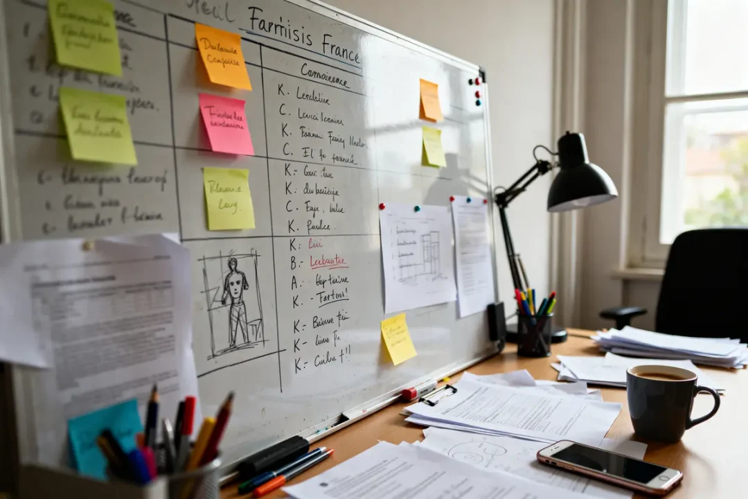 Tableau de caractérisation manuscrit avec post-its colorés dans un bureau avec lampes et fournitures