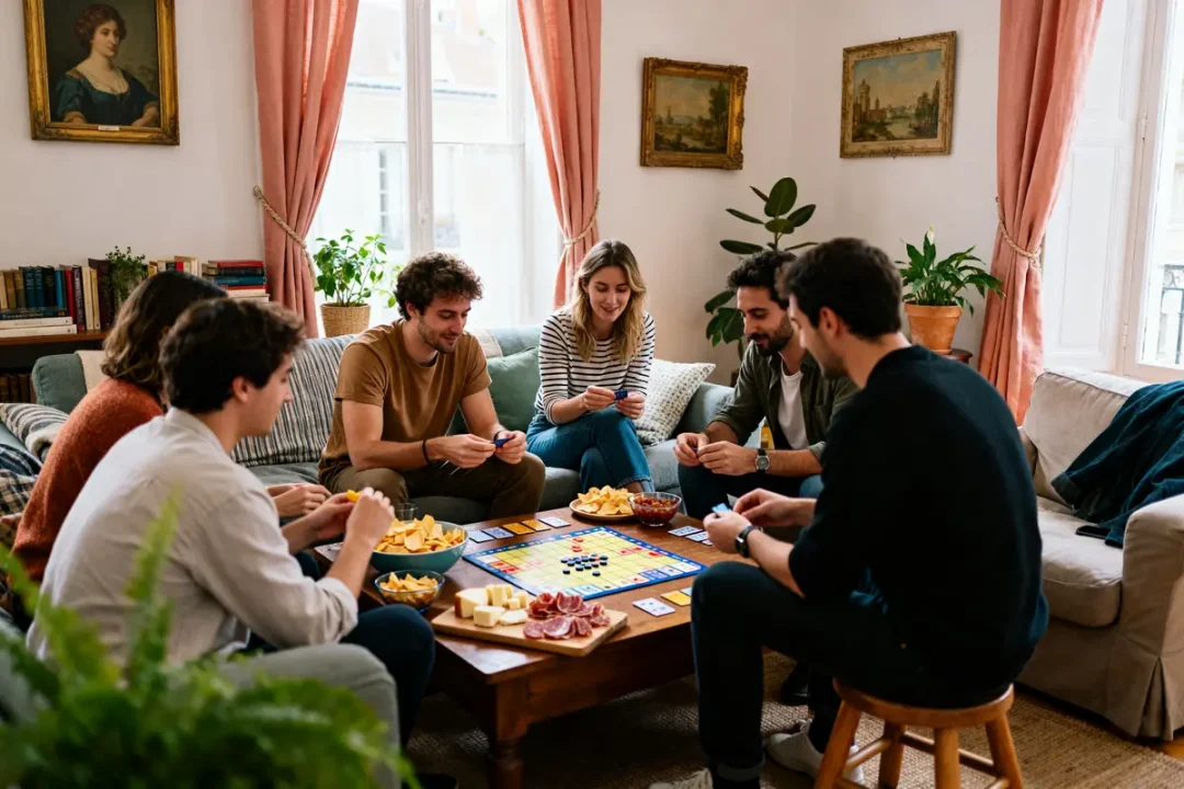 Groupe d'amis jouant à un jeu de société, trucs à faire entre potes à la maison