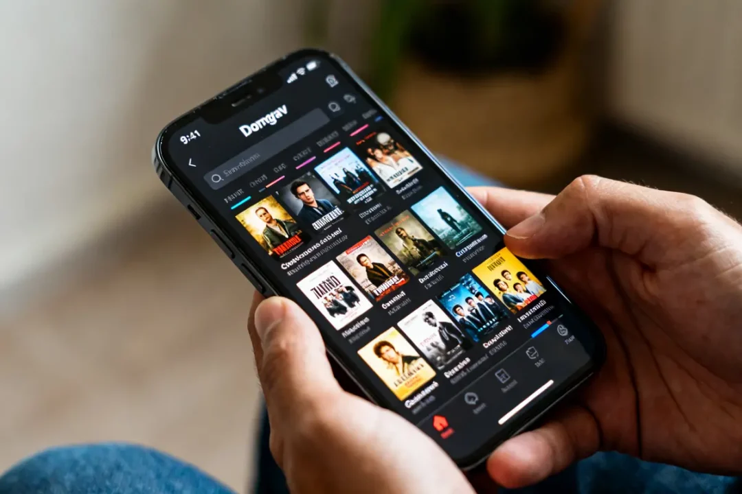 Téléphone affichant l'application Domgrav avec des films en streaming dans la main d'un utilisateur