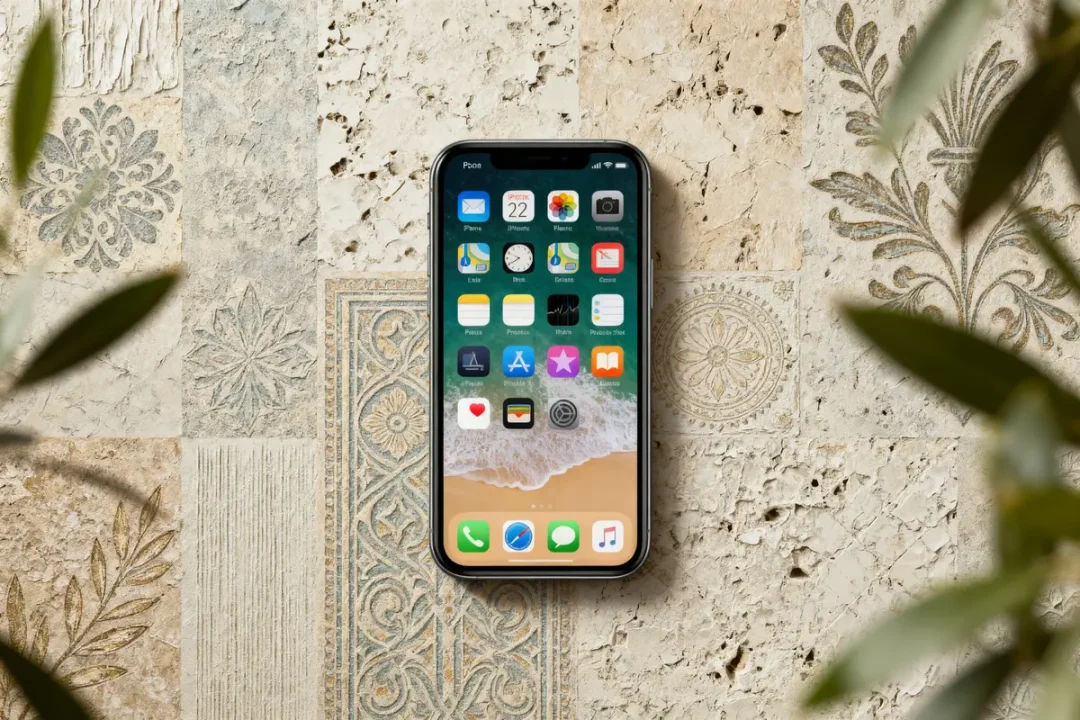 iPhone affichant des applications sur fond Elitis papier peint beige à motifs floraux détaillés