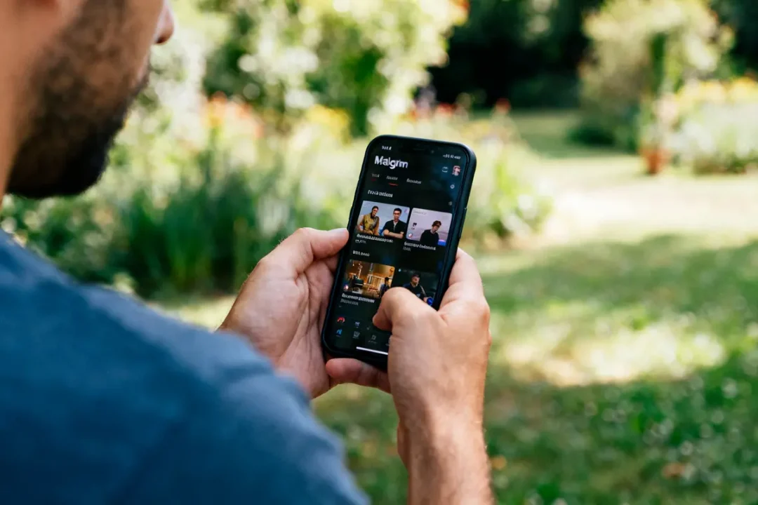 Une personne utilisant l'application Malgrim sur smartphone dans un jardin ensoleillé