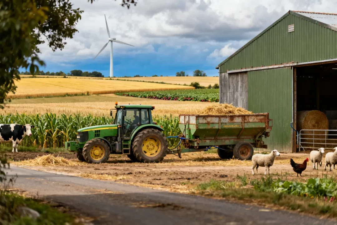 Tracteur et animaux devant une ferme avec éolienne Simagri France 3 en arrière-plan